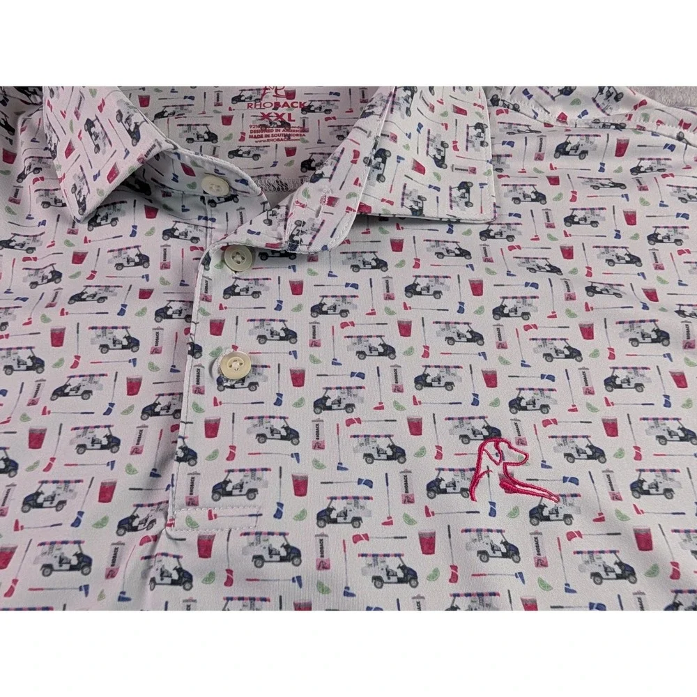 Rhoback Mens XXL Golf Cart Drink Print Performance Polo Shirt White Red Blue - Picture 4 of 8